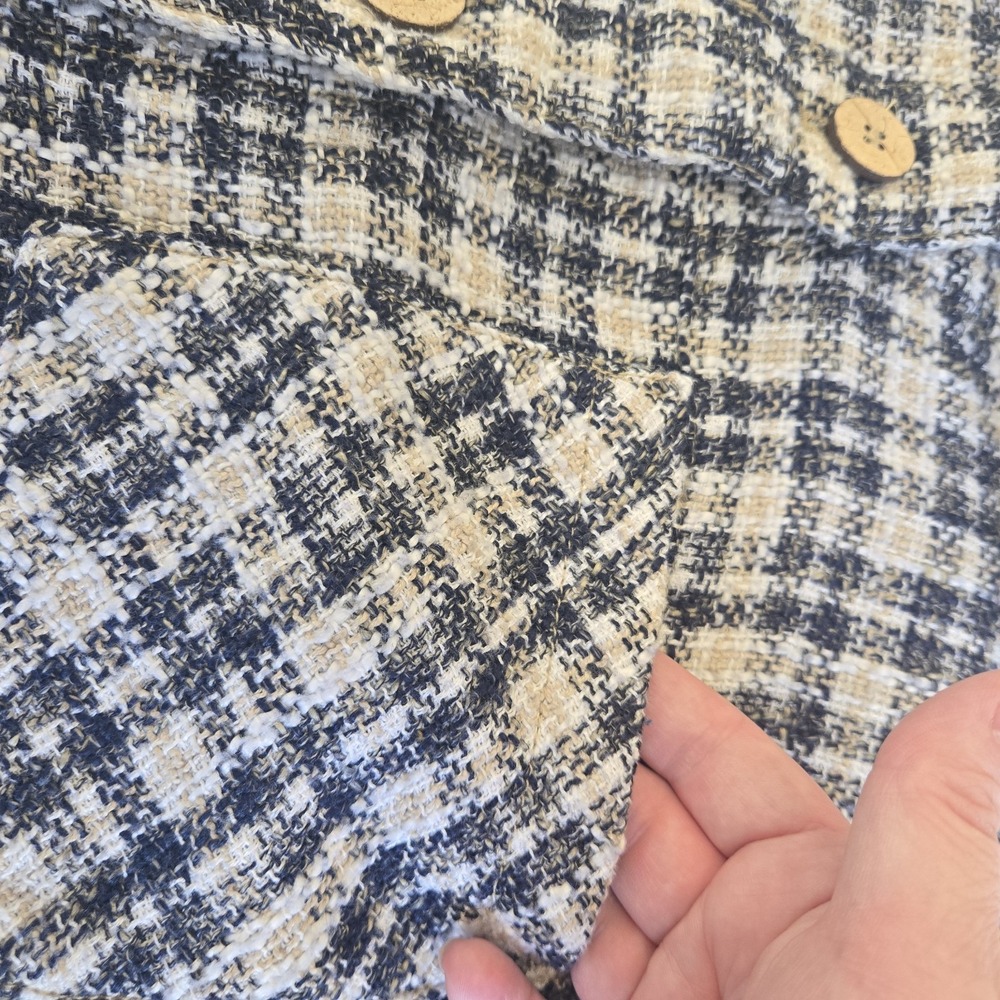 Zara Tweed Plaid Cropped Jacket Button Up Collared Navy Cream Frayed Hem Small‎ - Picture 11 of 16